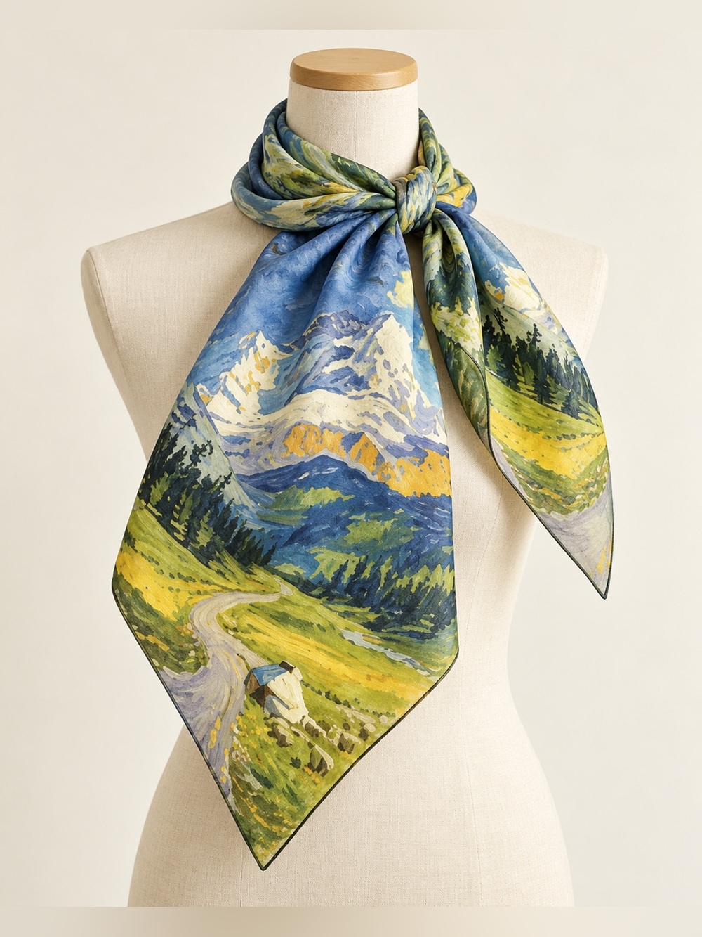 Silk Wool Scarf 23.6” Square Mountain Landscape Print Blue Green Art Scarf
